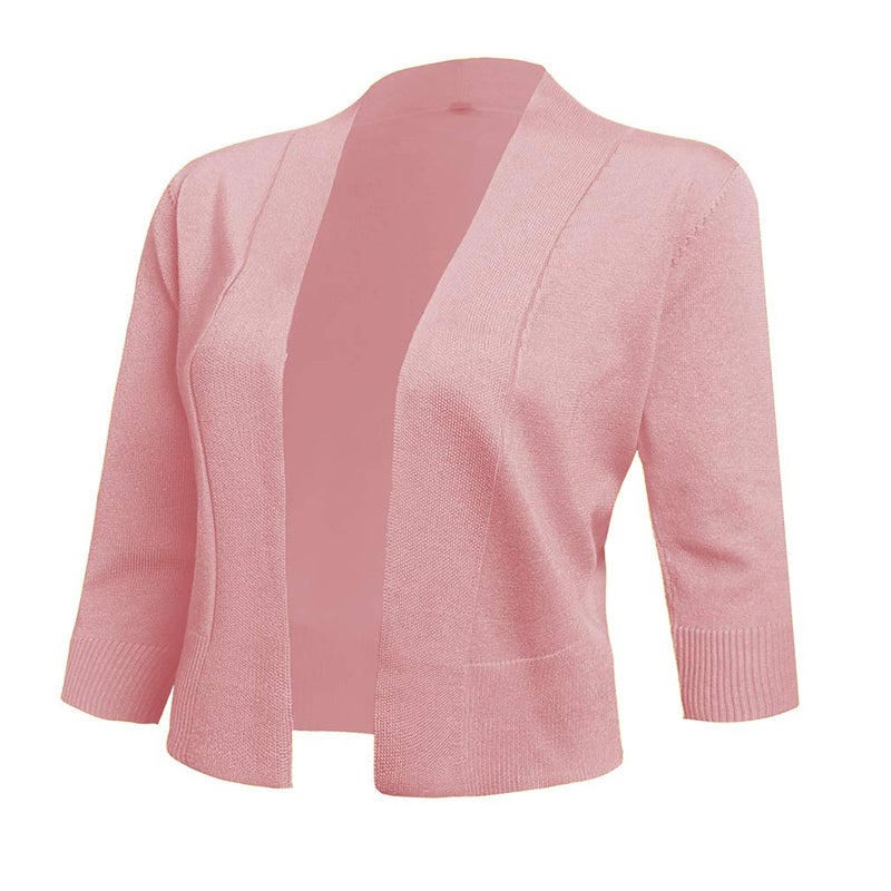 AAMILIFE Women's 3/4 Sleeve Cropped Cardigans Sweaters Jackets Open Front Short Shrugs for Dresses Peach S - Image 1